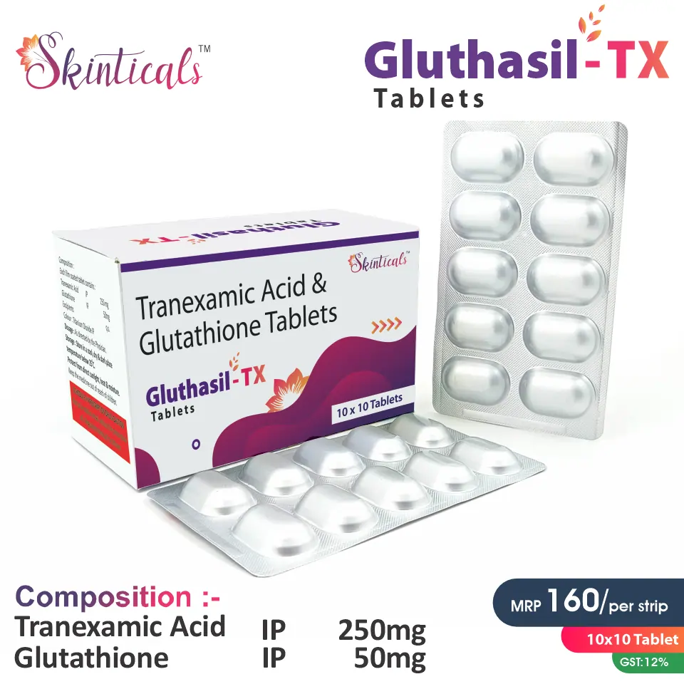 Tranexamic Acid + Glutathione  Tablet at the best price in PCD Pharma Franchise for Antioxidant, Bleeding Control, and Antioxidant Support.